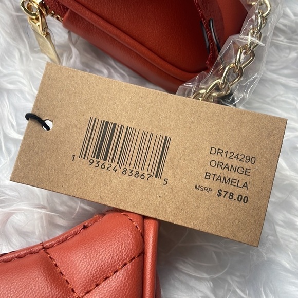 Brand New Steve Madden Quilted Stitch Orange Zip Crossbody Purse Gold Tone Chain - Picture 3 of 15